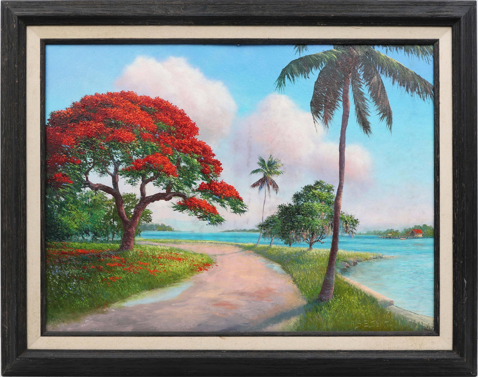 AHMED ELTEMTAMY FLORIDA ARTIST POINCIANA: Eltemtamy, Ahmed (B. 1960) Florida Artist Painting. Oil on Masonite - signed lower right. A royal Poinciana blazes at the river’s edge, its canopy rendered in vivid, gestural reds that recall mi