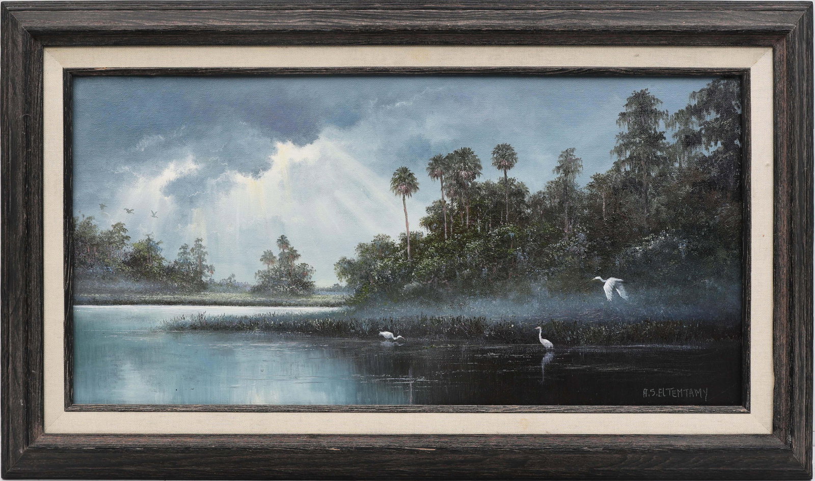 AHMED ELTEMTAMY FLORIDA ARTIST GOD SKY: Eltemtamy, Ahmed (B. 1960) Florida Artist Painting. Oil on Canvas Board - signed lower right. Executed in brush and palette knife. Light radiates from behind the clouds, casting a gentle glow across t