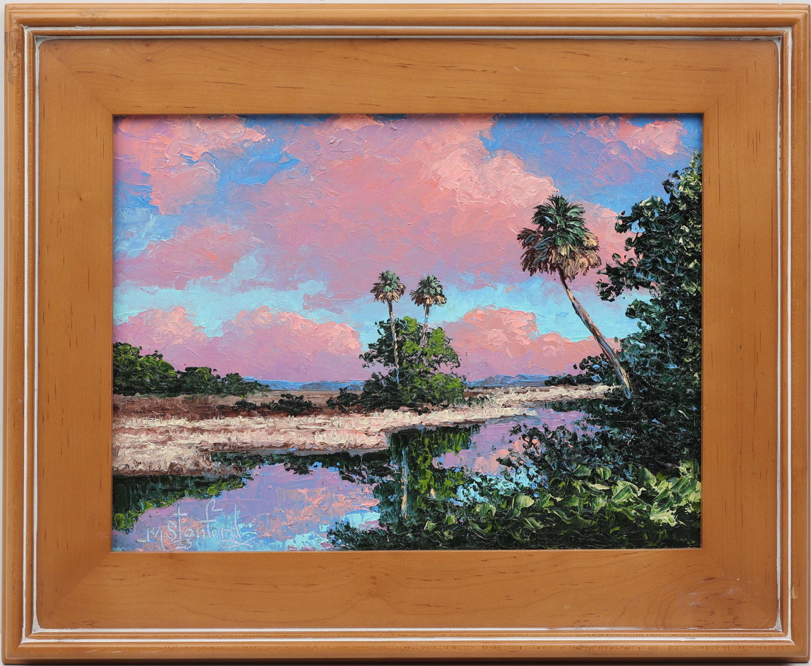 MARK STANFORD FLORIDA ARTIST PINK PUFFY CLOUDS: Stanford, Mark - Florida Artist Painting. Oil on artist board - signed lower left. Executed in palette knife. Mark Stanford’s wetland scene unfolds in radiant tonal harmony: pink, puffy clouds d