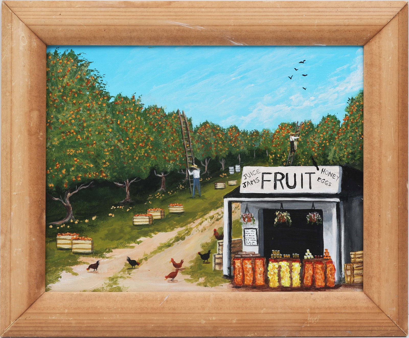 CAROL ANN KNAPP FLORIDA ARTIST GROVE HARVEST: Knapp, Carol Ann - Florida Artist Painting. Acrylic on Canvas Board - signed on verso. Executed in brush. Titled "Grove Harvest". Board measures 11x14 framed to overall size of 15x18. This self-taught