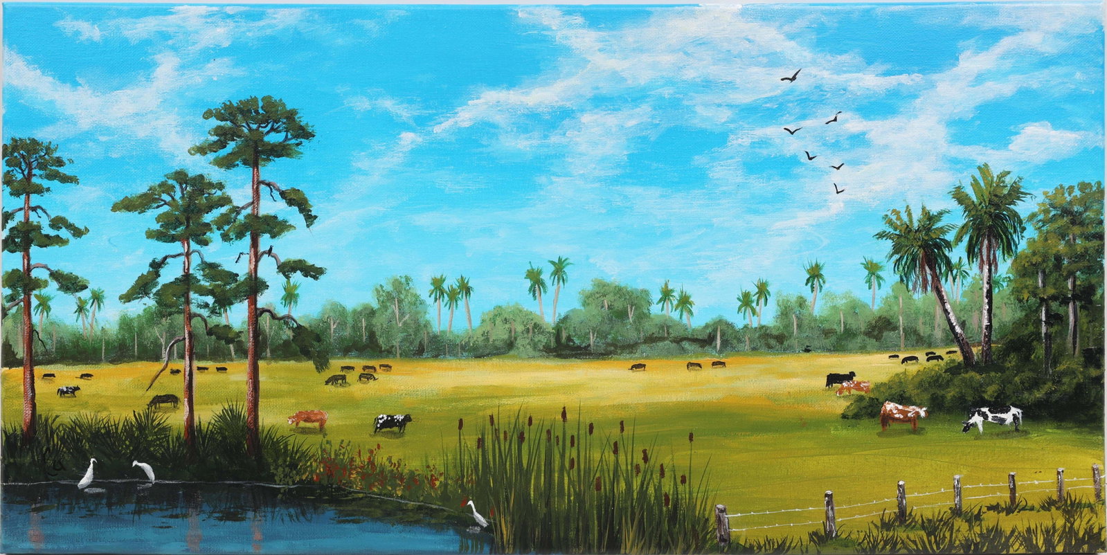 CAROL ANN KNAPP FLORIDA ARTIST SUMMER GRAZING: Knapp, Carol Ann - Florida Artist Painting. Acrylic on Gallery Wrapped Canvas - signed lower left "Ca". Executed in brush. Titled "Summer Grazing ". Canvas measures 12x24. This self-taught artist move