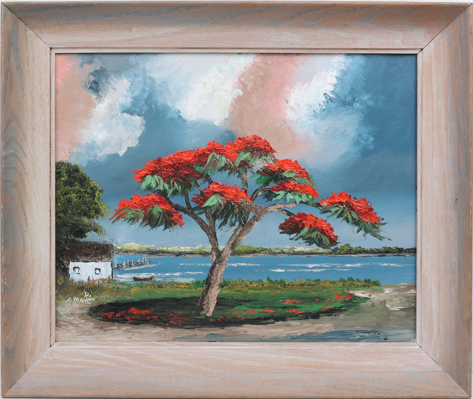 TODD MARTIN FLORIDA ARTIST POINCIANA: Martin, Todd - Florida Legacy Artist Painting. Oil on Masonite - signed lower left. Executed in full palette knife. An immature Poinciana, its early blooms rendered in vivid, stippled reds, anchors th