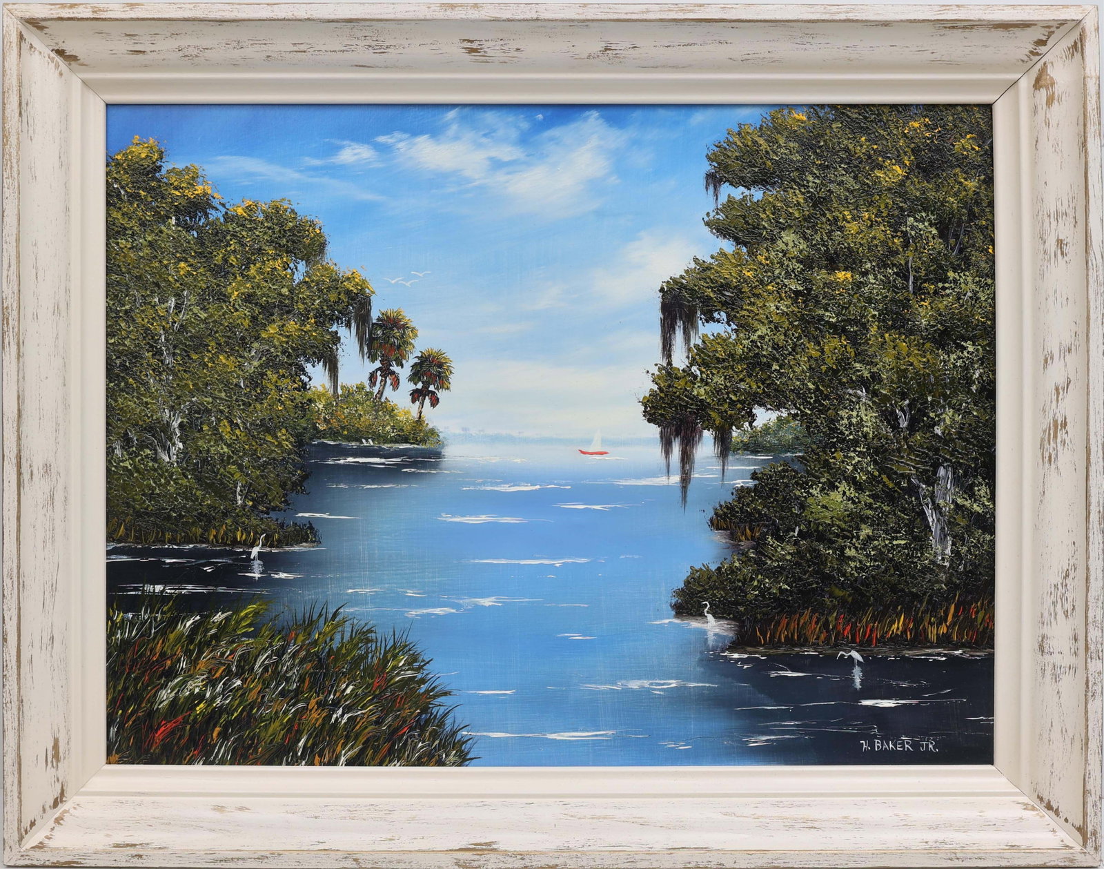 HEZEKIAH BAKER JR FLORIDA ARTIST BLUE INLET: Baker Jr, Hezekiah - Florida Artist Highwaymen style painting. Son of Highwaymen Hezekiah Baker. Oil on Masonite - signed lower right and verso. Executed in brush and palette knife. An exceptionally w