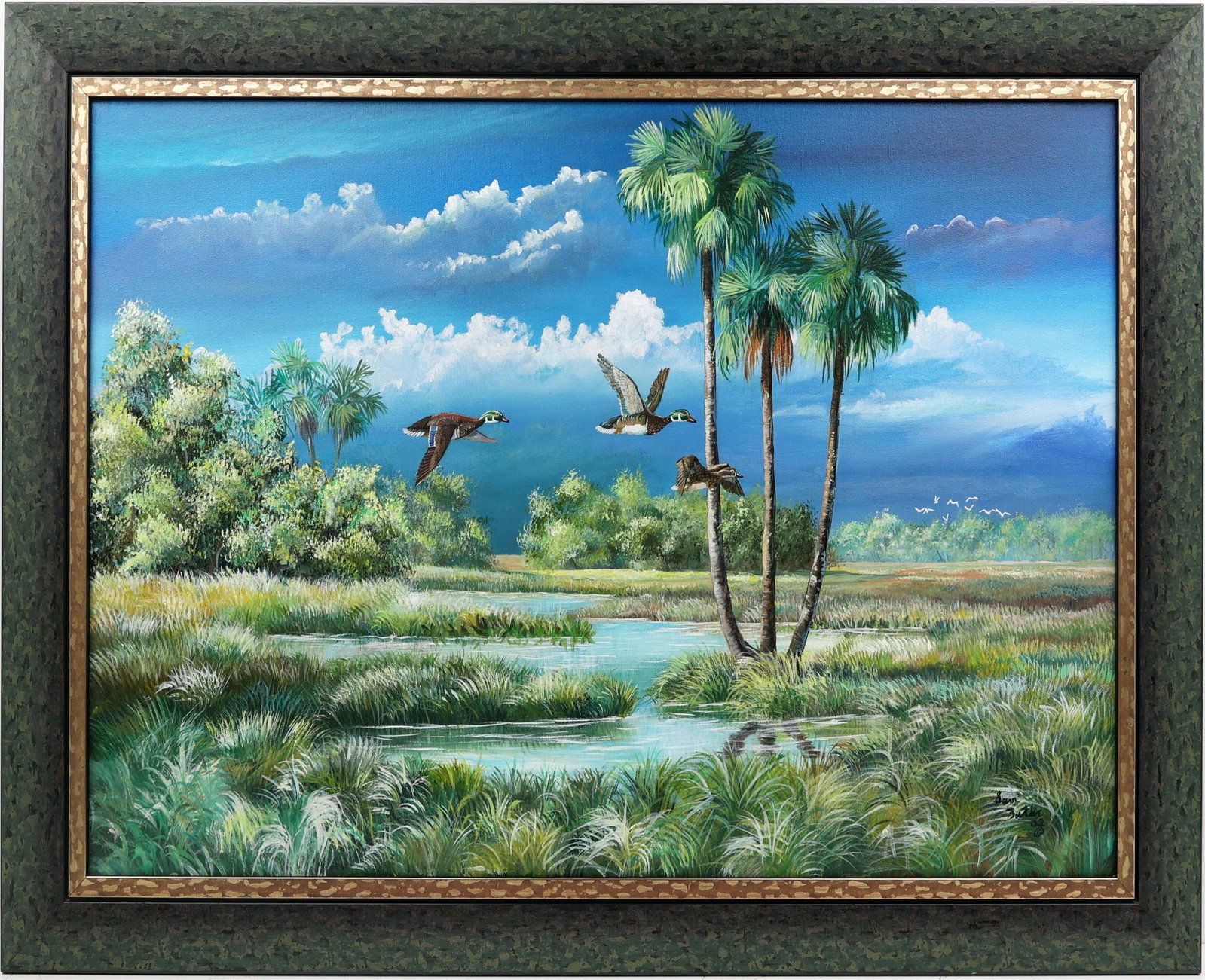 SAMUEL BUTLER FLORIDA ARTIST MALLARD MIGRATION: Butler, Sam - Son of Highwaymen Robert Butler - Florida Artist Painting. Acrylic on Canvas - signed lower right. Executed in Brushwork. A plant-filled marsh scene, with swampy water sparkling in the s