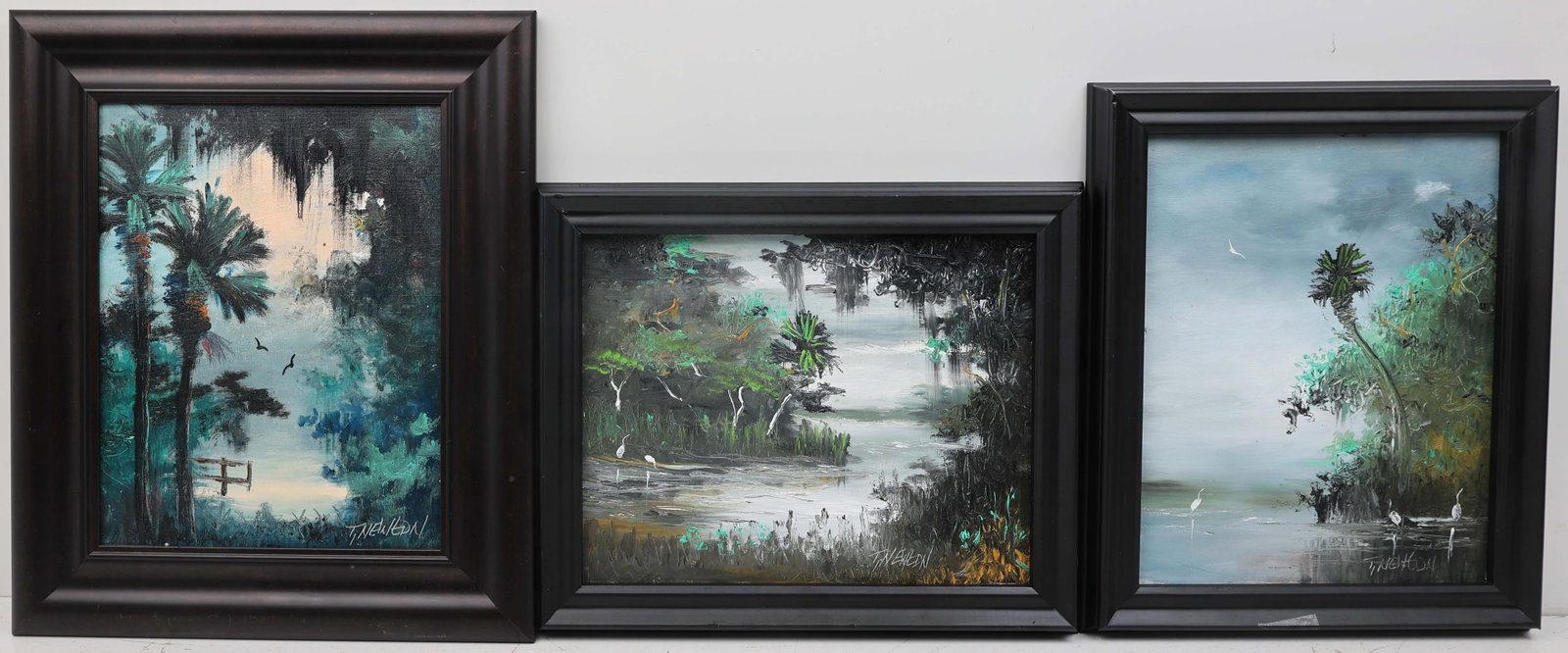 TRACY NEWTON FLORIDA ARTIST LOT OF 3: Newton, Tracy - Florida Artist Paintings. Oil on canvas board - signed lower right. Executed in brush and palette knife. Lot of 3. All 3 paintings depict a stormy river day and are in cohesive black f