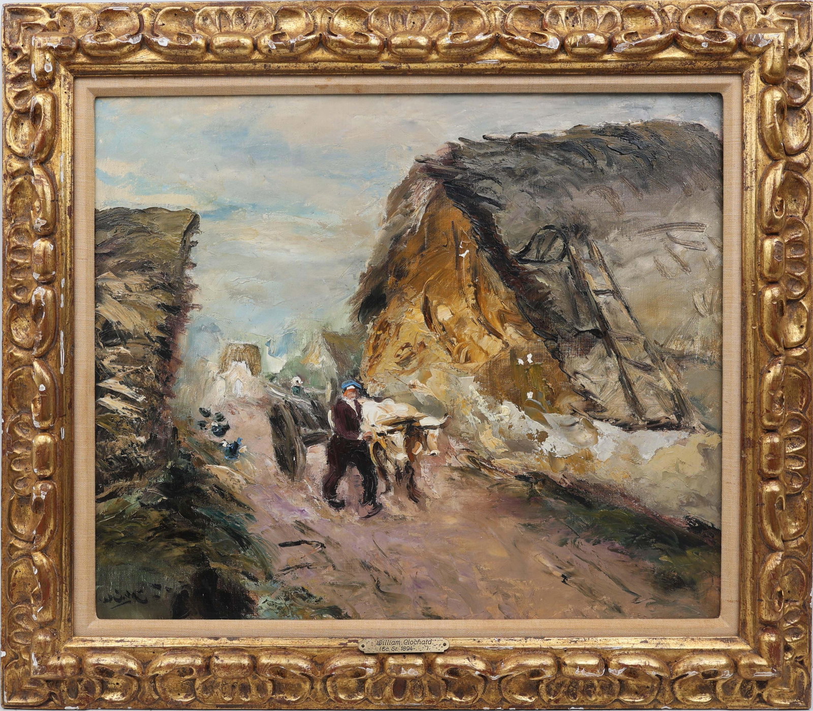WILLIAM CLOCHARD ACRYLIC OXEN AND MOUNTAIN PASS: Clochard, William (1894-1990) - French visual artist. Acrylic on canvas - Signed lower left. Painting depicts an oxen pulling a wagon through a mountain pass. Set in ornate gold frame with small brass