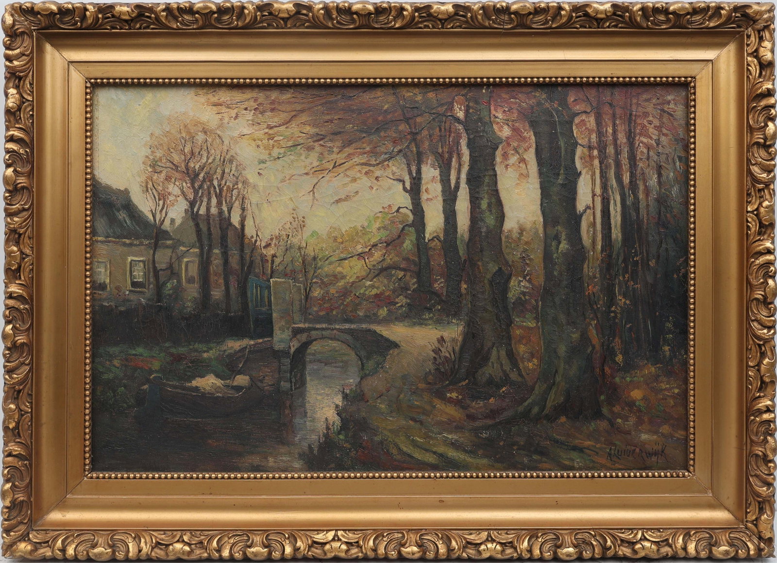 DUTCH OIL PAINTING APPROACHING THE VILLAGE: Artist yet unidentified - Dutch Painting. Oil on canvas - signed lower right. Executed in brush. A gentle narrative unfolds—nature and civilization delicately parted by a winding stream. The arc