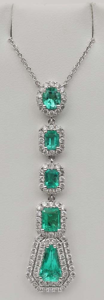 18K EMERALD DIAMOND NECKLACE MICHAEL CHRISTOFF: Michael Christoff 18K White Gold Emerald and Diamond Necklace. Natural intense clean Emeralds, 5 gems various shapes, 1.23 ct total surrounded by 96 brilliant round diamonds totaling 1.23 ct. H color 
