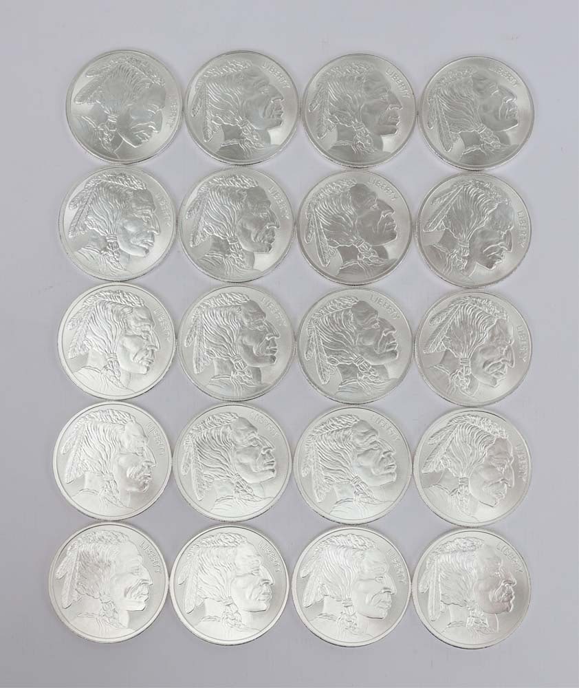 1 OUNCE SILVER BUFFALO ROUND COINS 20 OUNCES: 20 ounces of 1 ounce silver rounds. Mint new roll of one ounce silver buffalo rounds. Must be paid by Certified Check, money order, or wire transfer ($15 fee). NO CREDIT OR PERSONAL CHECK PAYMENTS FOR