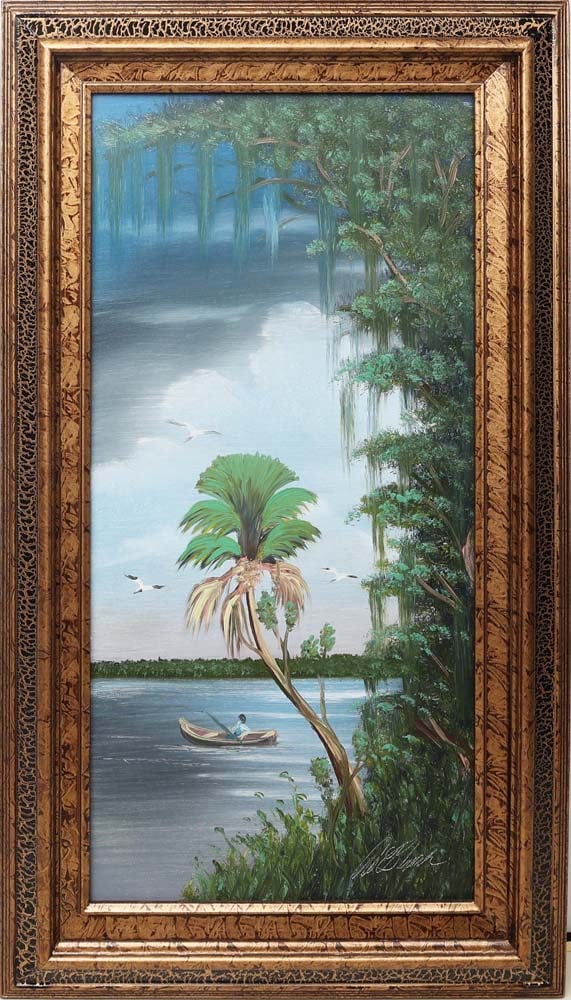 AL BLACK FLORIDA HIGHWAYMEN FISHERMAN ON THE RIVER: Black, Albert “Blood” (1947-2025) Florida Highwaymen Painting. Oil on Masonite - signed lower right. Executed in brush. Al Black composes a vertical river study with a lone fisherman cente