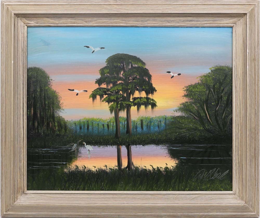 AL BLACK FLORIDA HIGHWAYMEN RAINBOW SKY: Black, Albert “Blood” (1947-2025) Florida Highwaymen Painting. Oil on Masonite - signed lower right. Executed in brushwork. A radiant rainbow sky over a quiet wetland, its shifting hues mi
