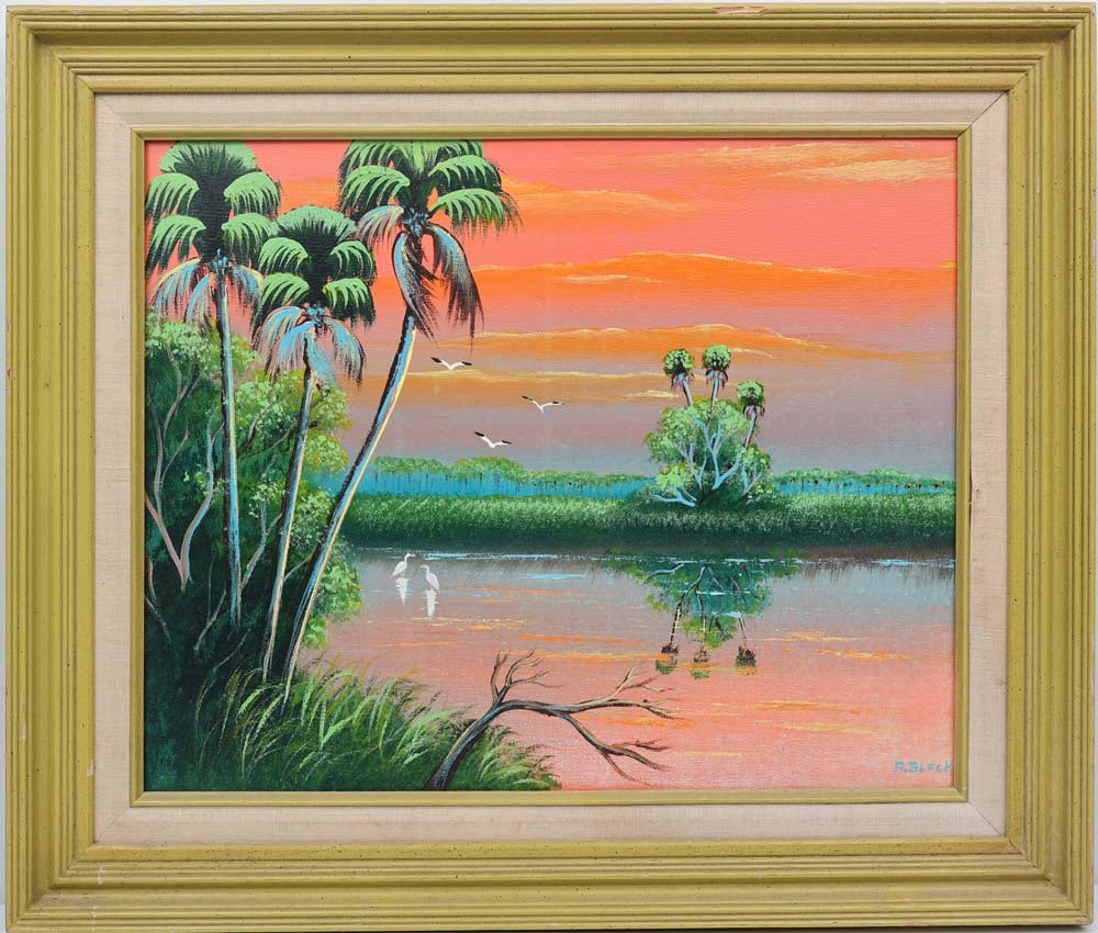 AL BLACK FLORIDA HIGHWAYMEN RIVER OF EMBER: Black, Albert “Blood” (1947-2025) Florida Highwaymen Painting. Acrylic on Canvas - signed lower right. Executed in brush. Al Black’s vibrant river scene radiates the bold, luminous e