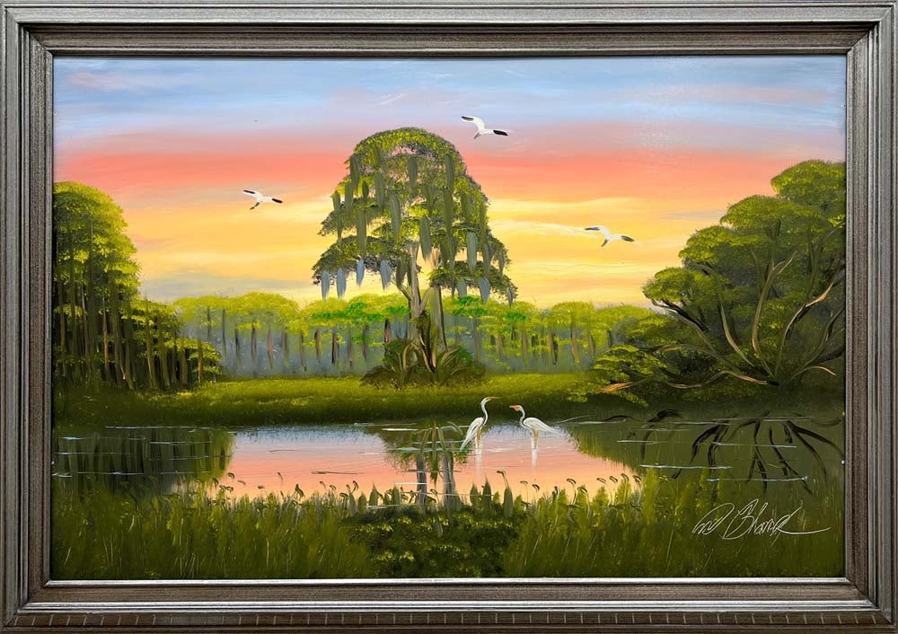 AL BLACK FLORIDA HIGHWAYMEN DAYBREAK ON THE MARSH: Black, Albert “Blood” (1947-2025) Florida Highwaymen Painting. Oil on Masonite - signed lower right. Brush strokes of bright colors indicate the beauty of the coming day with dense, dark f