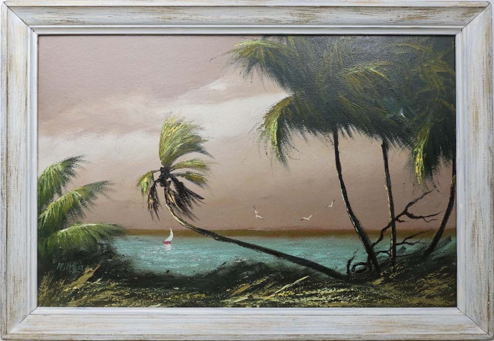 ALFRED HAIR FLORIDA HIGHWAYMEN LUMINOUS RIVER: Hair, Alfred (1941-1970) Florida Highwaymen Painting. oil on Upson - signed lower left. Executed in brush and palette knife. Alfred Hair’s luminous St. Lucie River scene captures his signature a