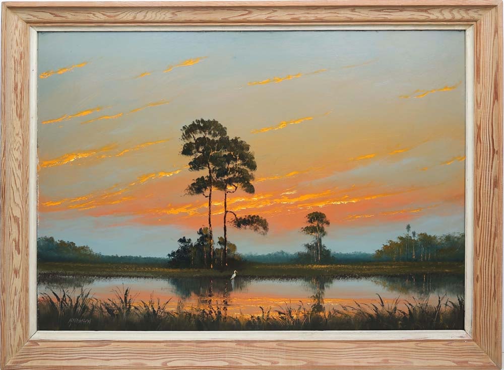 HAROLD NEWTON FLORIDA HIGHWAYMEN DAYS END: Newton, Harold (1934-1994) Florida Highwaymen Painting. Oil on transitional Masonite - signed lower left. Executed in palette knife on a field of brushwork. Harold Newton's purple-and-red fire sky wet