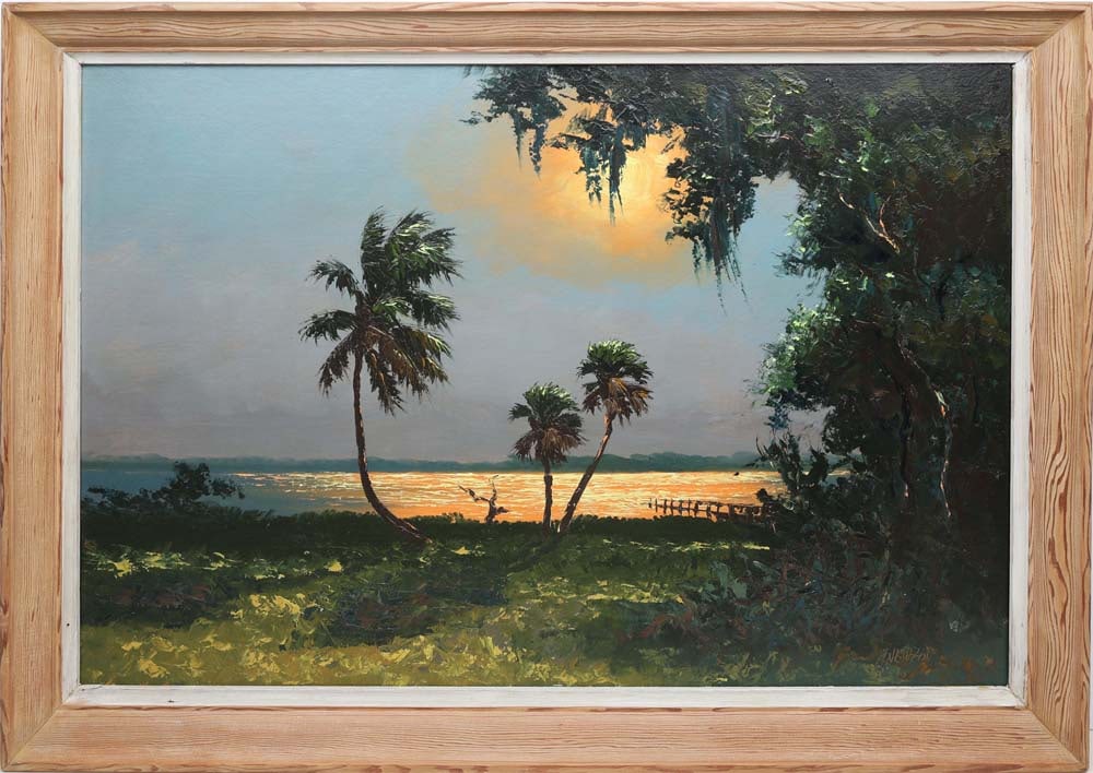 HAROLD NEWTON FLORIDA HIGHWAYMEN RIVER BREEZE: Newton, Harold (1934-1994) Florida Highwaymen Painting. Oil on orange peel Upson - signed lower left. Executed in brush and palette knife. Harold Newton’s river scene unfolds beneath swaying pal