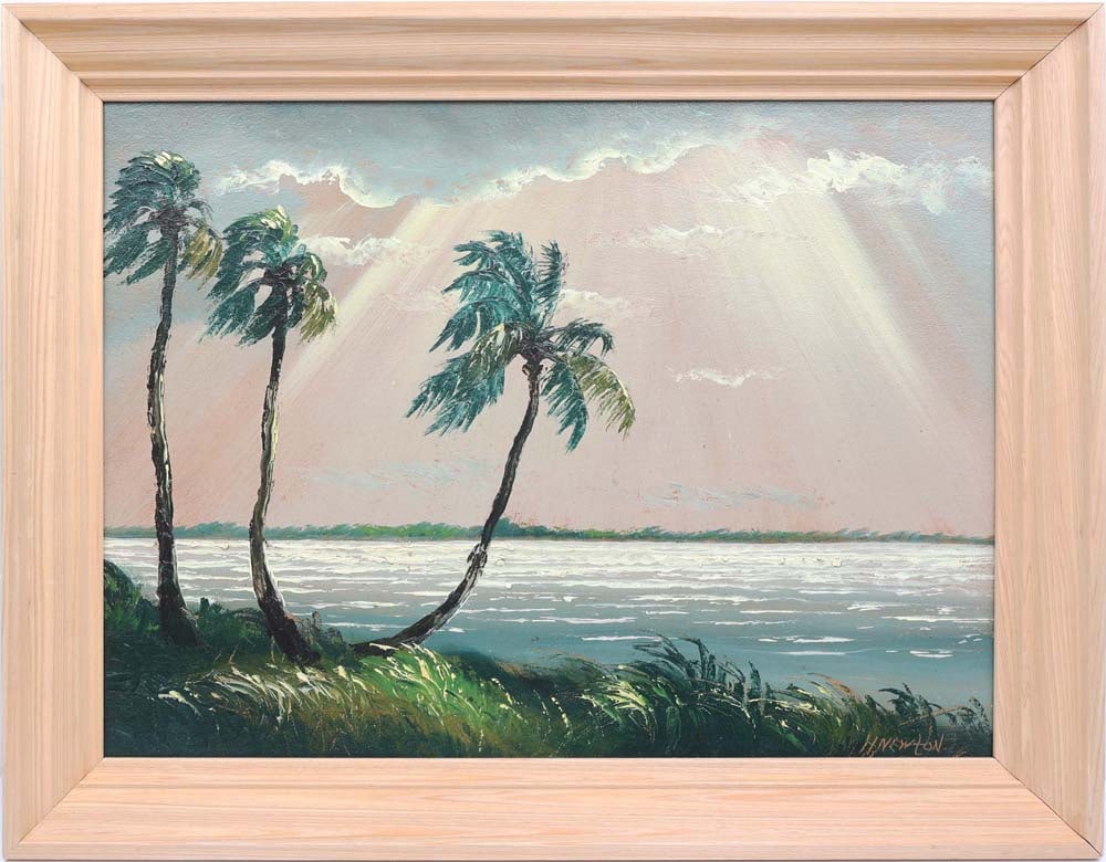 HAROLD NEWTON FLORIDA HIGHWAYMEN GOD SKY: Newton, Harold (1934-1994) Florida Highwaymen Painting. Oil on Upson - signed lower right. Wrought in brush and Palette Knife. Harold Newton’s God Sky scene radiates his signature spiritual lumi