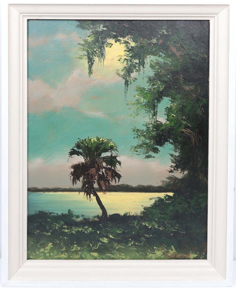 HAROLD NEWTON FLORIDA HIGHWAYMEN GOLDEN HOUR PALM: Newton, Harold (1934-1994) Florida Highwaymen Painting. Oil on Upson - signed lower right. Executed in brush and palette knife. Harold Newton’s golden-hour scene glows with his signature sense o