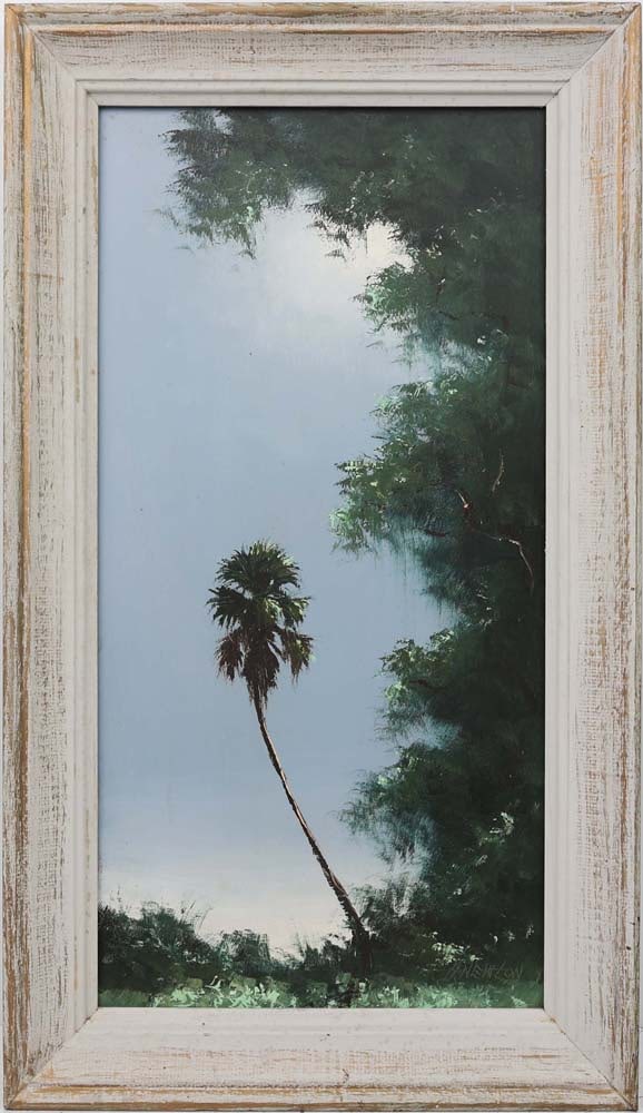HAROLD NEWTON FLORIDA HIGHWAYMEN SOLITUDE: Newton, Harold (1934-1994) Florida Highwaymen Painting. Oil on Masonite - signed lower right. Executed in palette knife upon a field of brushstrokes. "Solitude "distills the Highwaymen ethos into a re