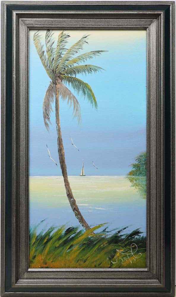ISAAC KNIGHT FLORIDA HIGHWAYMEN MOONLIT STILLNESS: Knight, "Issac" Isaac (1942-2022) Florida Highwaymen Painting. Oil on canvas - signed lower right. Executed in brush and Palette Knife. Isaac Knight’s vertical moonlit study centers a lone palm 