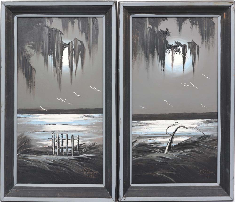 JAMES GIBSON FLORIDA HIGHWAYMEN MOONLIT PAIR: Gibson, James (1938-2017) Florida Highwaymen Painting Pair. Oil on Transitional Masonite - signed lower right '86. Executed in brushwork and palette knife. James Gibson’smoonlit evening scenes c