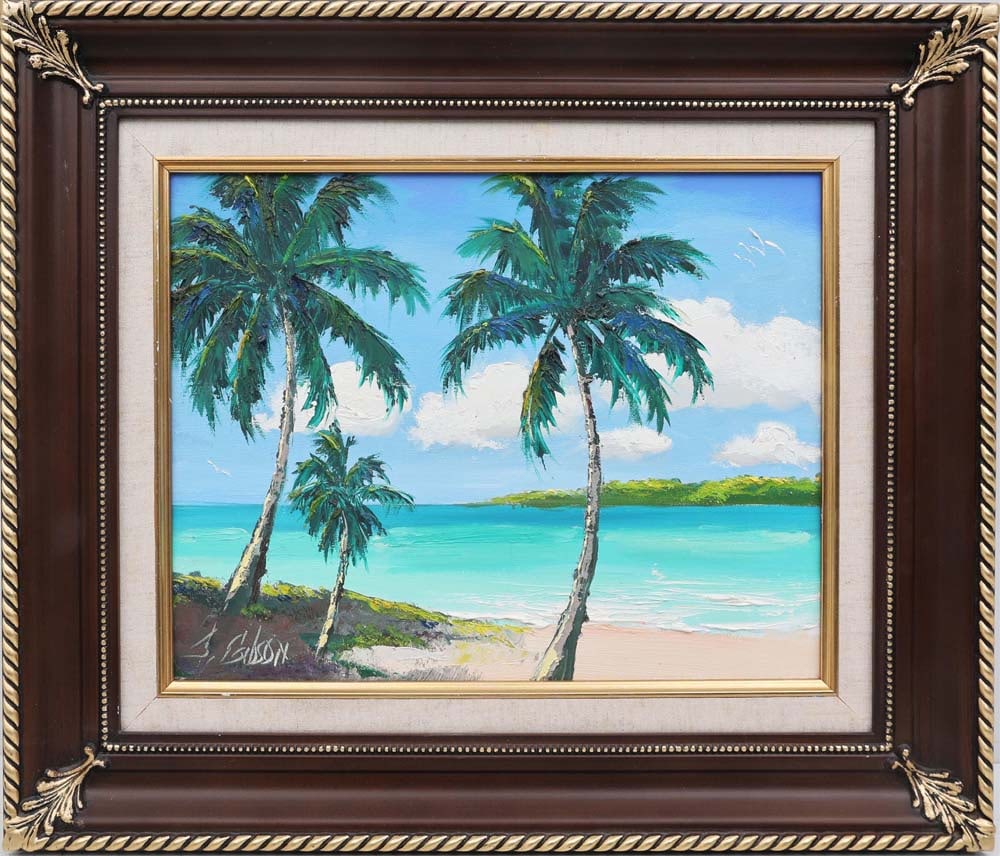 JAMES GIBSON FLORIDA HIGHWAYMEN PETITE TROPIC ACE: Gibson, James (1938-2017) Florida Highwaymen Painting. Oil on Canvas - signed lower left and verso. Executed in brush and palette knife. Gibson’s small-format shoreline scene glows with greenish