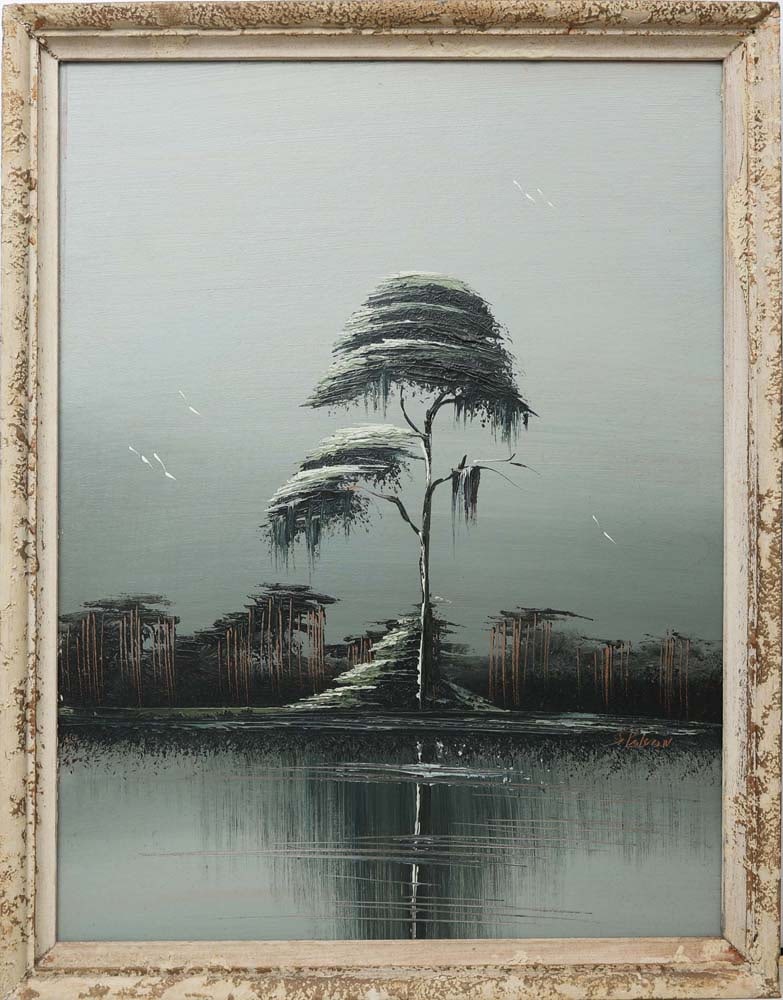 JAMES GIBSON FLORIDA HIGHWAYMEN STILL REFLECTION: Gibson, James (1938-2017) Florida Highwaymen Painting. Oil on Upson - signed lower right. Executed in palette knife with brushwork. James Gibson’s early Upson-board work presents a towering cypr