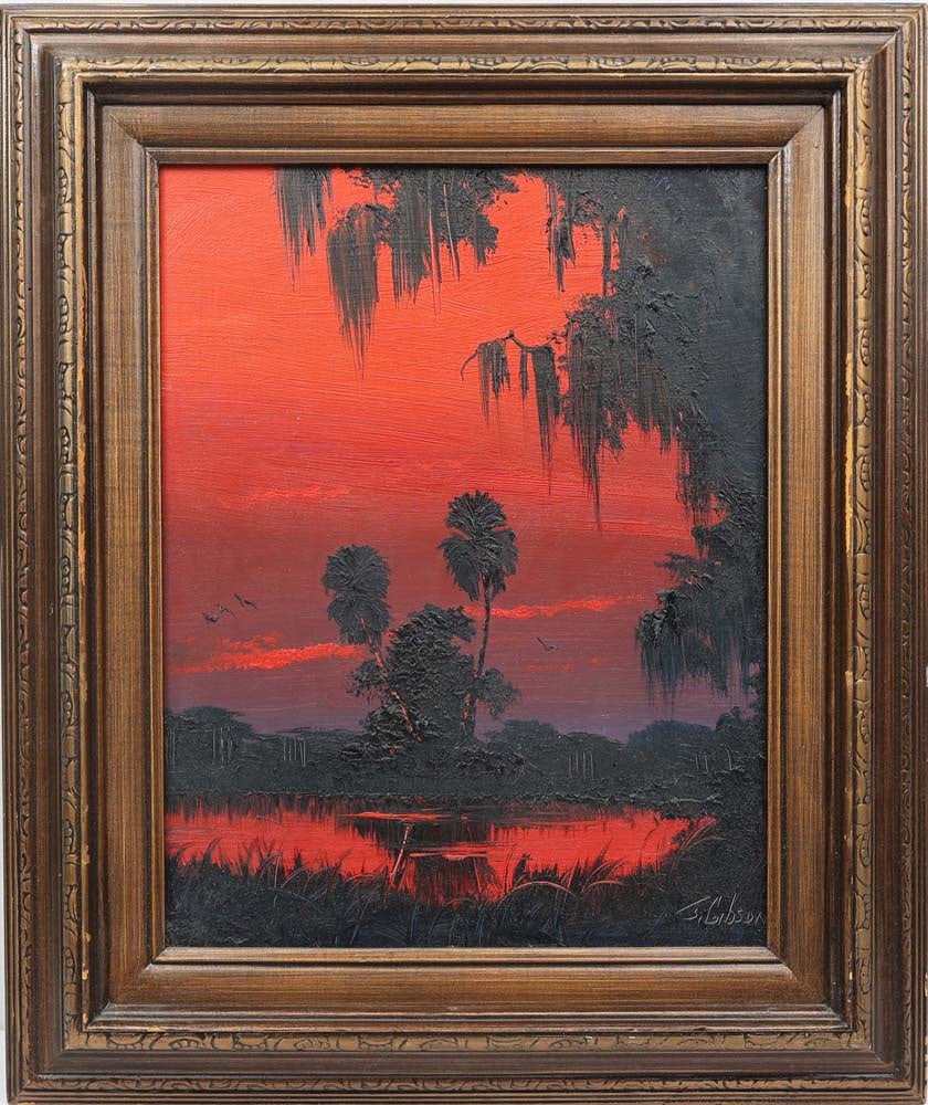 JAMES GIBSON FLORIDA HIGHWAYMEN WETLAND FIRELIGHT: Gibson, James (1938 - 2017) Florida Highwaymen Painting. Oil on Masonite - signed lower right. Executed in brushwork and palette knife. James Gibson’s fire sky wetland scene burns with the drama