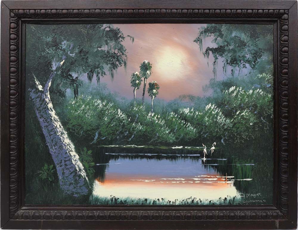JOHN MAYNOR FLORIDA HIGHWAYMEN MOONLIT VISION: Maynor, John (1948-2016) Florida Highwaymen Painting. Oil on Masonite - signed lower right. Executed in brush and Palette Knife. John Maynor’s moonlit vision unfolds beneath purple skies mirrore