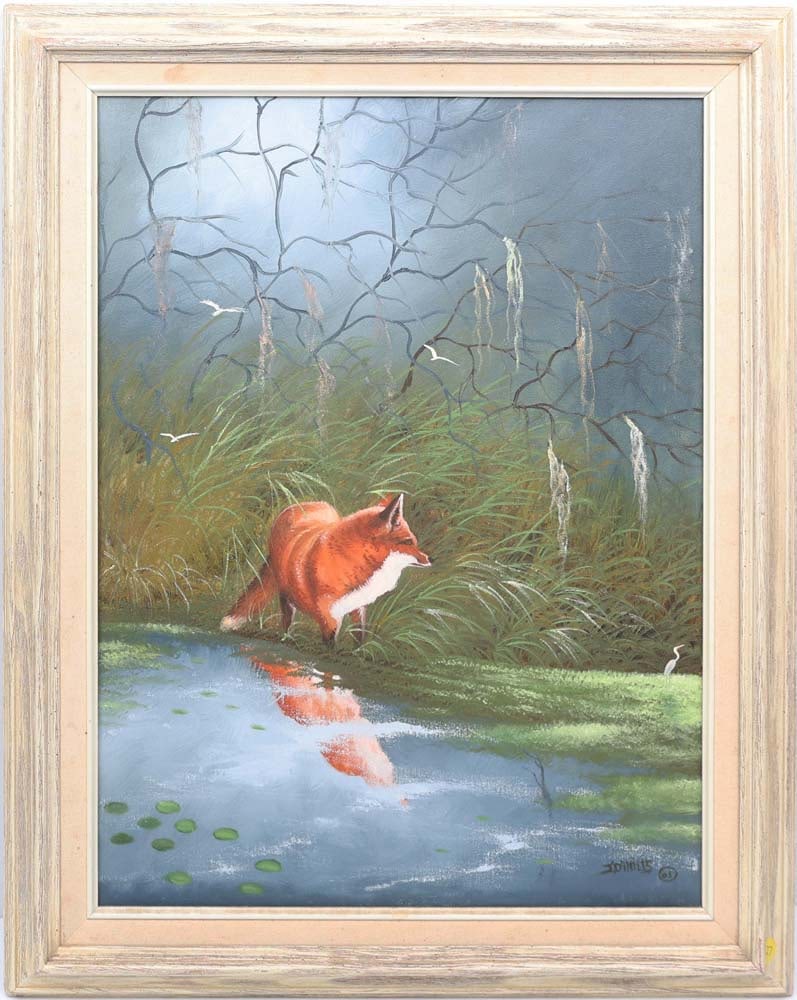JOHNNY DANIELS FLORIDA HIGHWAYMEN FOX HUNT: Daniels, Johnny (1954-2009) Florida Highwaymen Painting. Oil on Canvas - signed lower right. Executed in brushwork. Johnny Daniels’ rare wildlife scene reveals his sensitivity to Florida’s