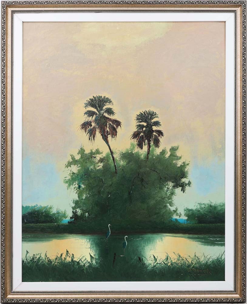 JOHNNY DANIELS FLORIDA HIGHWAYMEN TWIN PALMS: Daniels, Johnny (1954-2009) Florida Highwaymen Painting. Oil on Upson - signed lower right. Executed in brush and palette knife. Johnny Daniels sets two palms against a gray-blue and yellow sky, their