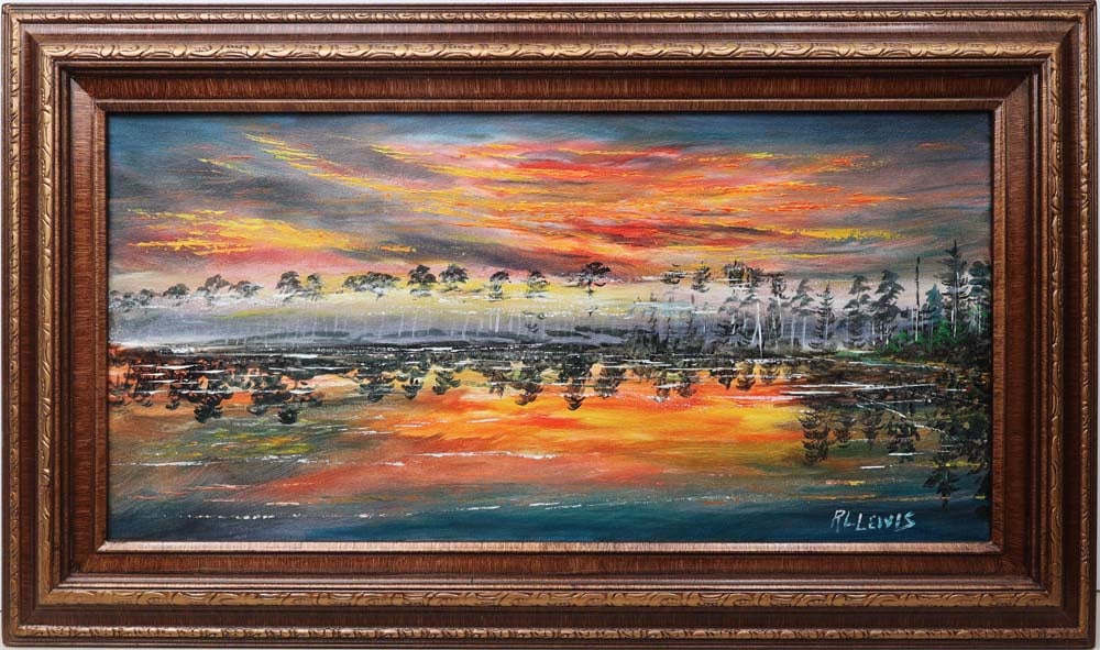 R.L. LEWIS FLORIDA HIGHWAYMEN EMBERS ON THE WATER: Lewis, R. L. “Robert” (1941-2026) Florida Highwaymen Painting. Oil on Canvas - signed lower right. Executed in brushwork and Palette Knife. R.L. Lewis renders a dramatic fire sky wetland, 