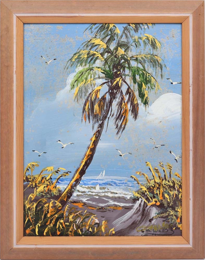 S.M. WELLS FLORIDA HIGHWAYMEN BLUE AWAKENING: Wells, S. M. “Sylvester” (1938-2023) Florida Highwaymen Painting. Oil on Posterboard - signed lower right. Executed in palette knife. Sylvester Wells paints a lone palm near the ocean̵