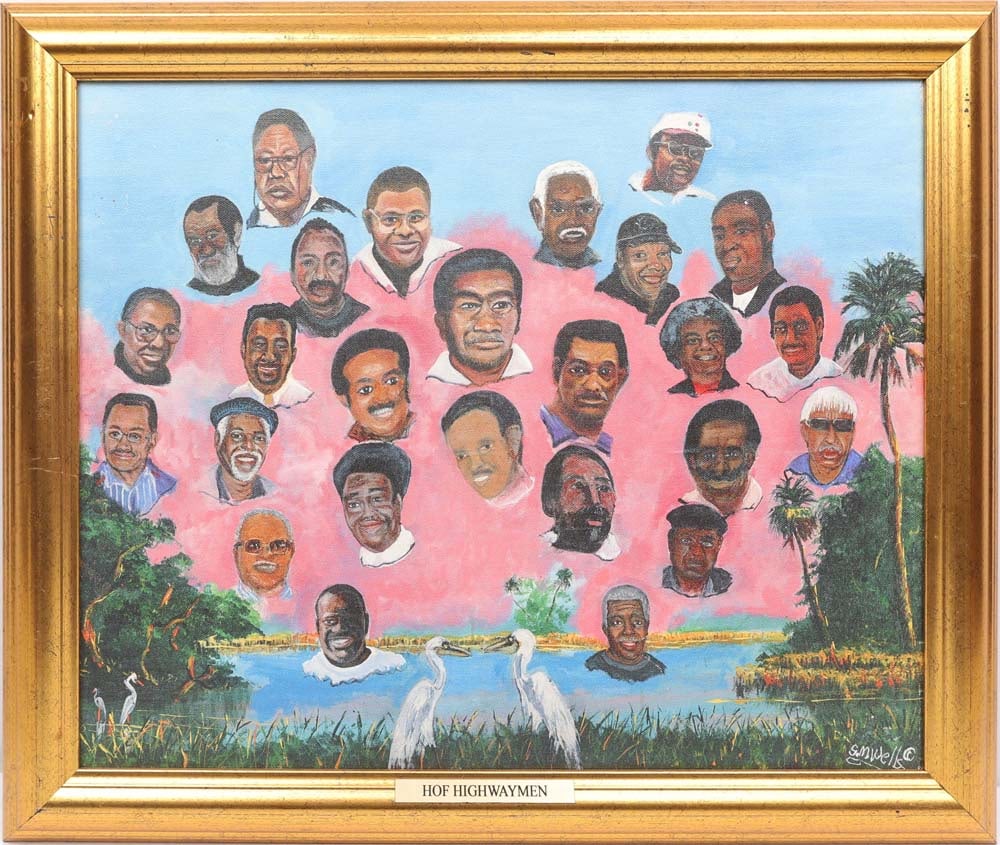S.M. WELLS FLORIDA HIGHWAYMEN THE 26 GICLEE: Wells, S. M. “Sylvester” (1938-2023) Florida Highwaymen Giclee. S.M. Wells’ commemorative giclée honors the full legacy of the twenty-six Highwaymen, gathering their faces in a 