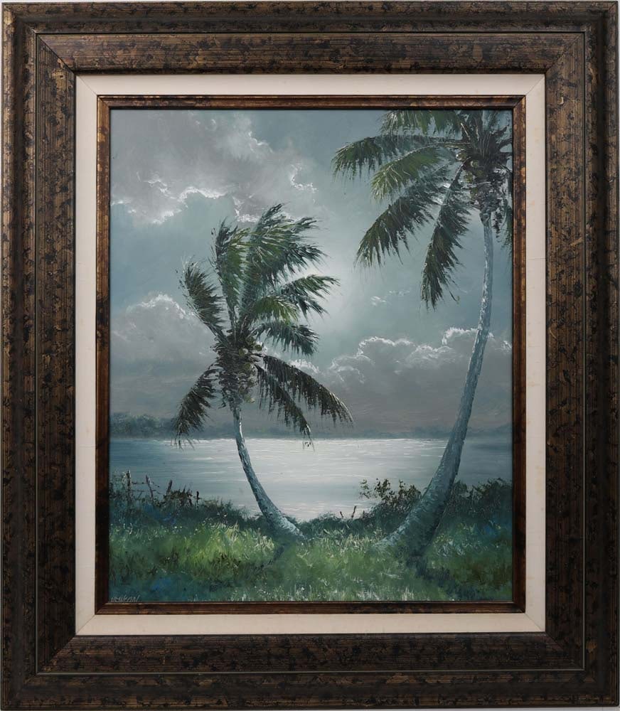 SAM NEWTON FLORIDA HIGHWAYMEN TWIN PALMS: Newton, Samuel (B.1948) Florida Highwaymen Painting. Oil on Transitional Masonite - signed lower right. Brush and palette knife were used to create this striking piece featuring two windswept coconut 