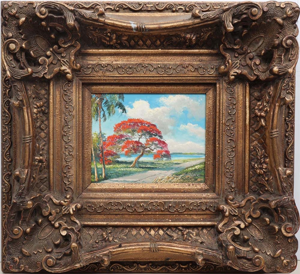 SAM NEWTON FLORIDA HIGHWAYMEN PASTEL DAWN: Newton, Samuel (B.1948) Florida Highwaymen Painting. Oil on Masonite - signed lower right. Executed in micro palette knife. From James Gibson's personal collection. Sam Newton's small-scale River Road