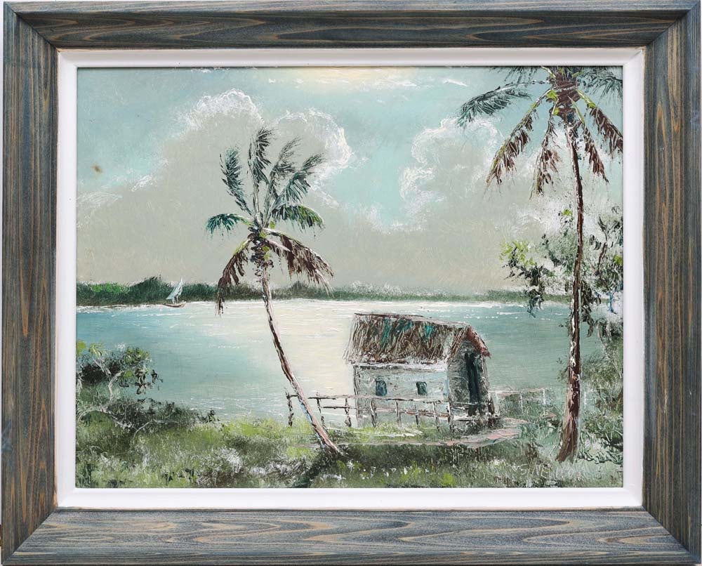 SAM NEWTON FLORIDA HIGHWAYMEN QUIET RIVER SHACK: Newton, Samuel (B.1948) Florida Highwaymen Painting. Oil on Masonite - signed lower right. Executed in palette knife on a field of brushwork. Sam Newton’s moonlit river scene shimmers with a viv