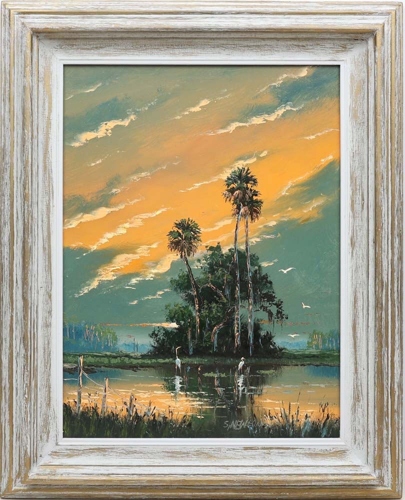 SAM NEWTON FLORIDA HIGHWAYMEN RIVER OF LIGHT: Newton, Samuel (B.1948) Florida Highwaymen Painting. Oil on Masonite - signed lower right and verso. Executed in brush and palette knife. Sam Newton’s blue-and-orange river scene glows with a cl