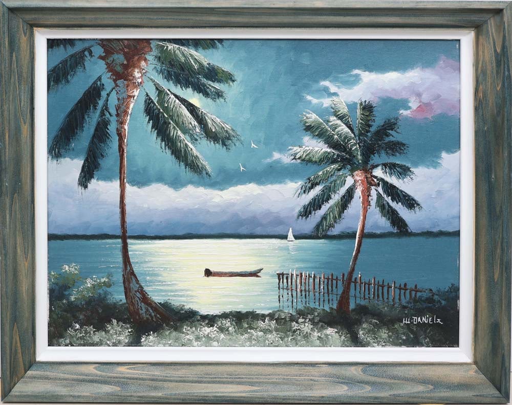 WILLIE DANIELS FLORIDA HIGHWAYMEN MOONLIT DOCK: Daniels, Willie (1950 - 2021) Florida Highwaymen Painting. Oil on Canvas board - signed lower right. Executed in palette knife and brushwork. Willie Daniels’ moonlit river scene centers on a can