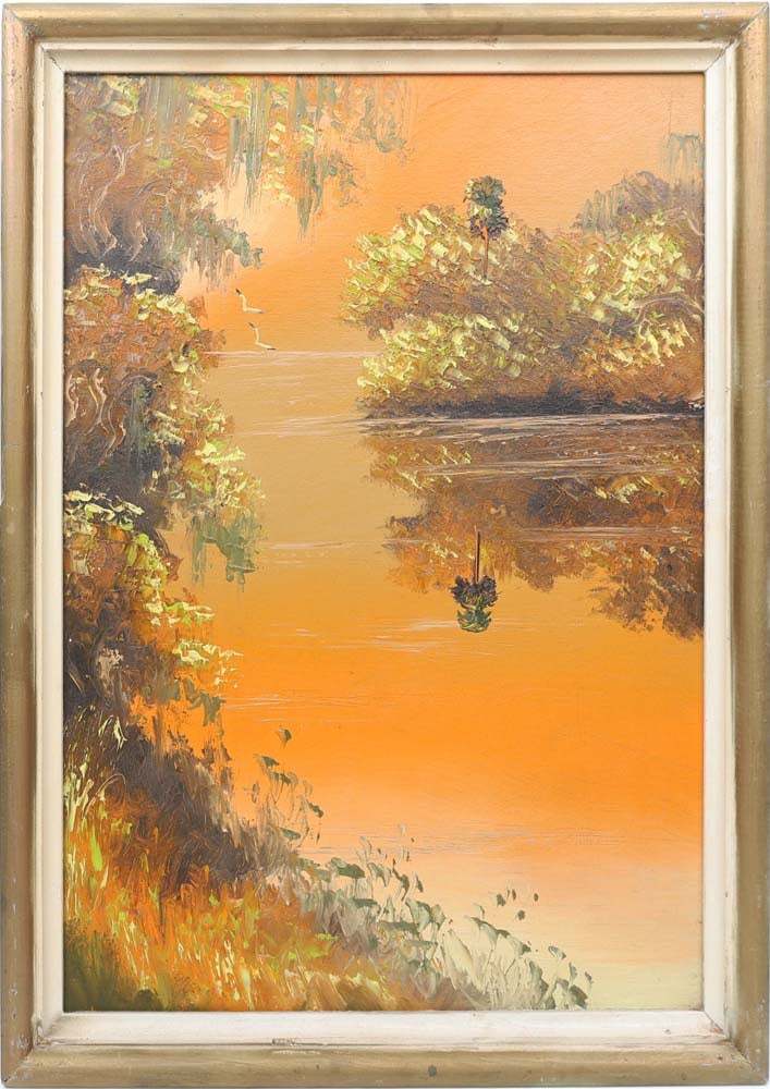 WILLIE DANIELS FLORIDA HIGHWAYMEN UNSIGNED: Daniels, Willie (1950 - 2021)(Presumed) Florida Highwaymen Painting. Oil on Upson - UNSIGNED. Executed in brushwork and palette knife. Willie Daniels paints a serene river at sunrise, orange light sof