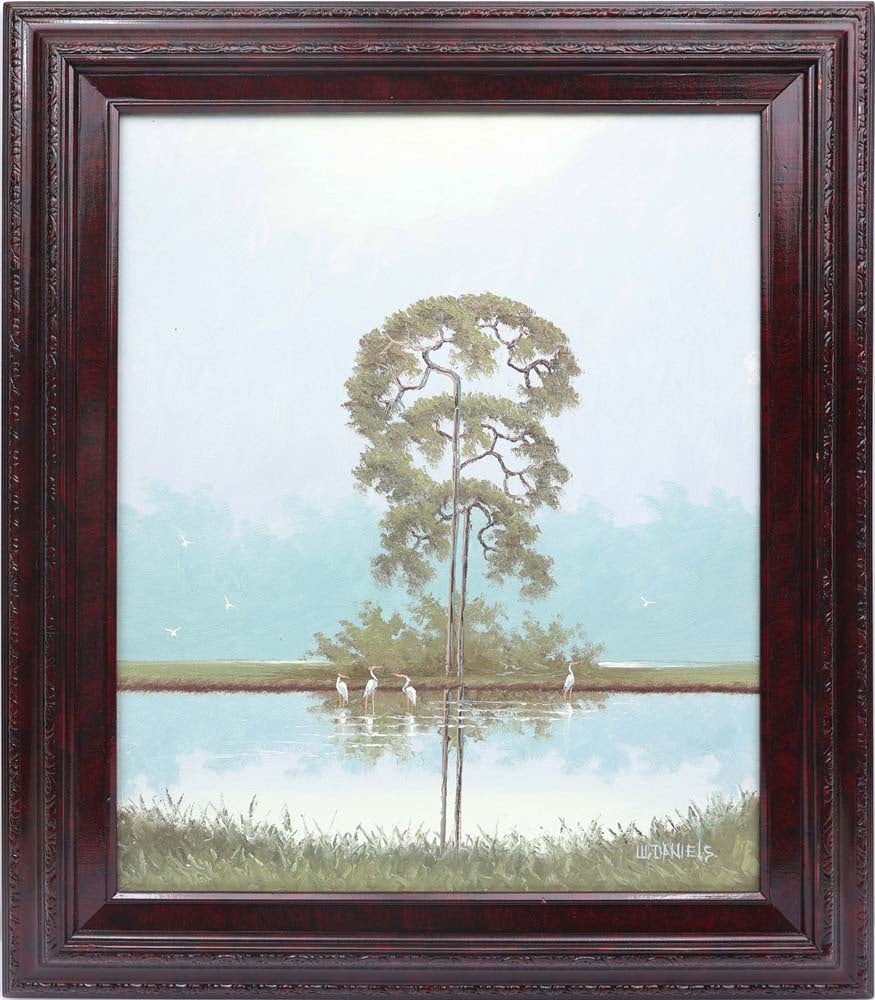 WILLIE DANIELS FLORIDA HIGHWAYMEN STILL WATERS: Daniels, Willie (1950-2021) Florida Highwaymen Painting. Oil on canvas - signed lower right. Executed in brush and knife. Willie Daniels renders the wetland with a quiet, reverential gravity. Towering