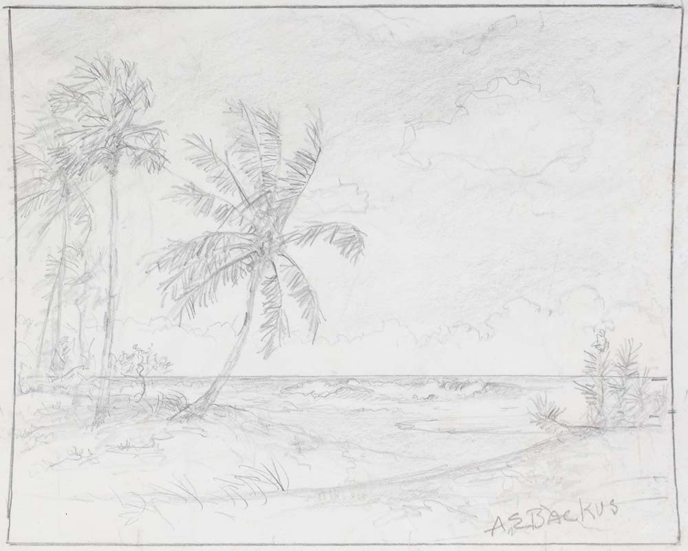 A.E. BACKUS ORIGINAL HAND DRAWN PENCIL SKETCH: Backus, Albert Ernest "Beanie" (1906-1990) Indian River School, founder of the Highwaymen movement - Florida Hall of Fame Artist. Original Pencil sketch on paper. A.E. Backus’s original pencil s