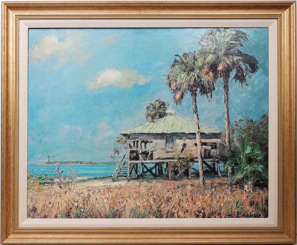 A.E. BACKUS FLORIDA ARTIST BEACH HOUSE PUNTA RASSA: Backus, Albert Ernest "Beanie" (1906 - 1990) Indian River School, founder of the Highwaymen movement - Florida Hall of Fame Artist. Giclee of "Beach House at Punta Rassa" on Canvas - Signed in print l