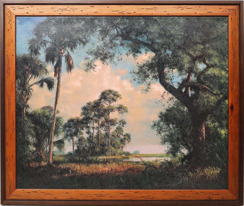 A.E. BACKUS FLORIDA ARTIST BEYOND THE HAMMOCK: Backus, Albert Ernest "Beanie" (1906 - 1990) Indian River School, founder of the Highwaymen movement - Florida Hall of Fame Artist. Giclee of " Beyond The Hammock" on Canvas - Signed in print lower ri