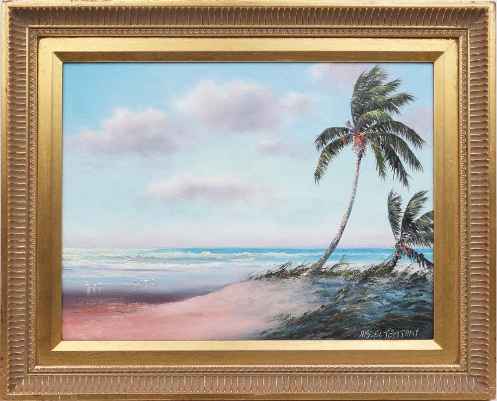 AHMED ELTEMTAMY FLORIDA ARTIST BALMY BREEZES: Eltemtamy, Ahmed (B. 1960) Florida Artist Painting. Oil on Canvas Board - signed lower right. Executed with brush and palette knife. Balmy ocean breezes sweep across the shore at low tide as sandpiper