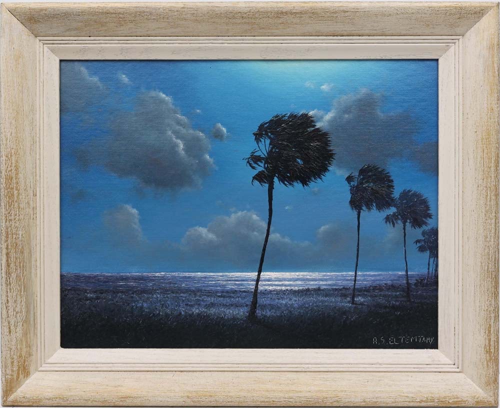 AHMED ELTEMTAMY FLORIDA ARTIST MOONLIT NIGHT: Eltemtamy, Ahmed (B. 1960) Florida Artist Painting. Oil on Canvas Board - signed lower right. Executed with brush and palette knife. Bright moonlight floods the sky, illuminating drifting clouds and c