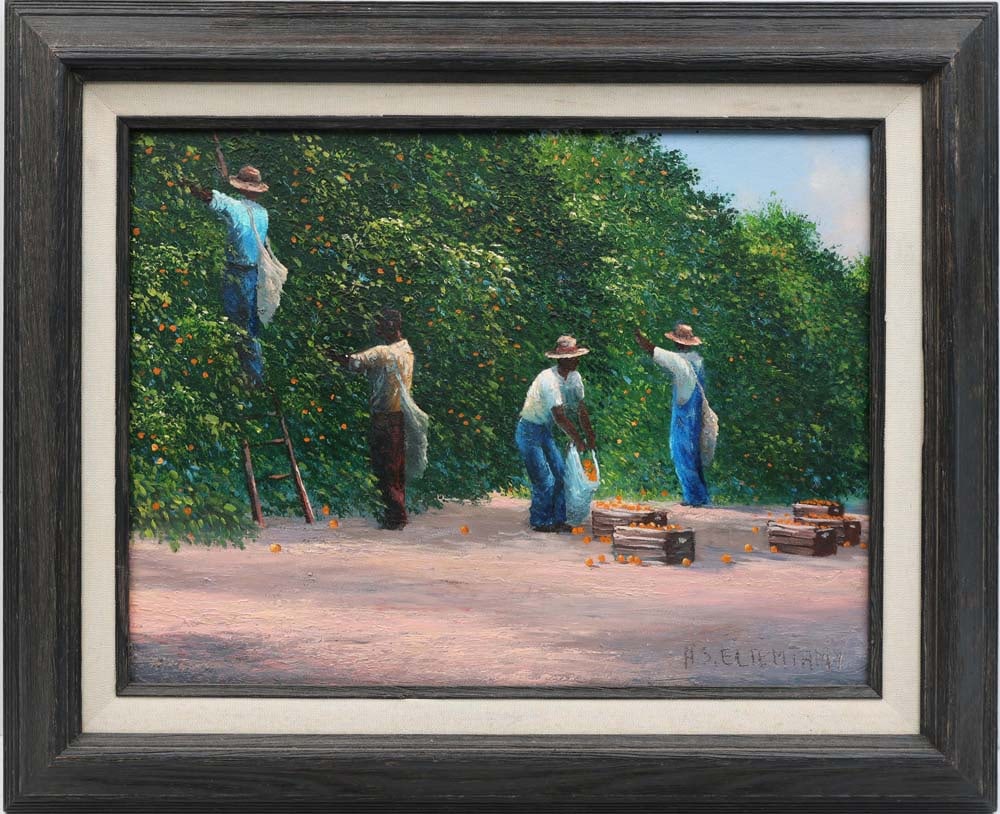 AHMED ELTEMTAMY FLORIDA ARTIST ORANGE HARVEST: Eltemtamy, Ahmed (B. 1960) Florida Artist Painting. Oil on Masonite - signed lower right. Executed with brush and palette knife. Orange trees hang heavy with fruit, their branches framing four laborer