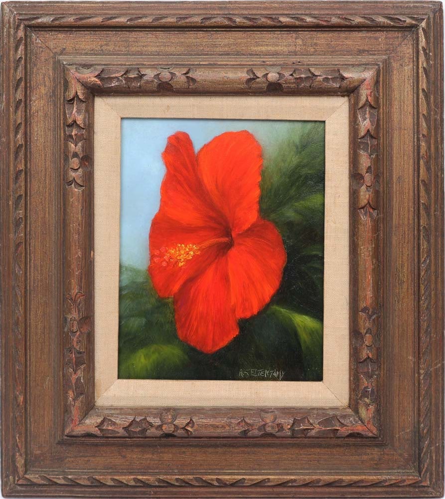 AHMED ELTEMTAMY FLORIDA ARTIST RED HIBISCUS: Eltemtamy, Ahmed (B. 1960) - Florida Artist Painting. Oil on canvas board - signed lower right. Executed in brush and palette knife. Ahmed Eltemtamy’s small-scale hibiscus study reveals his gift