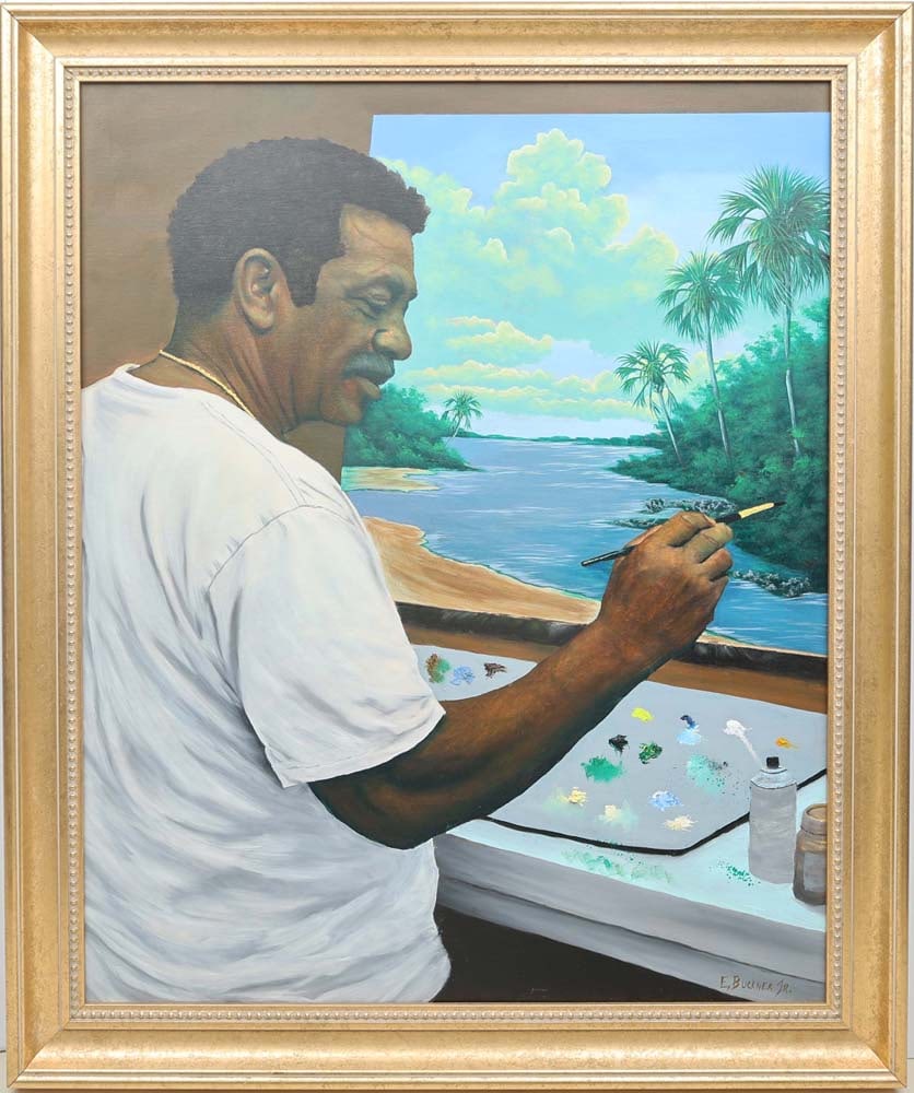 ELLIS BUCKNER JR FLORIDA ARTIST TRIBUTE TO GEORGE: Buckner Jr., Ellis - Florida Artist Painting. Son of Highwaymen Artist Ellis Buckner. Oil on canvas - signed lower right. Executed in brush. Ellis Buckner Jr. pays homage to his Uncle Florida Highwaym