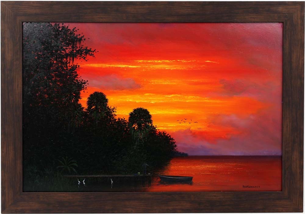R.A. MCLENDON JR FLORIDA ARTIST FIRE SKY SUNSET: Mclendon Jr. , R.A. - Florida artist and Son Of Highwaymen R.A. McLendon. Indian River School Florida Highwaymen style Painting. Oil on Masonite - signed lower right. Fiery red and orange sky, the hue